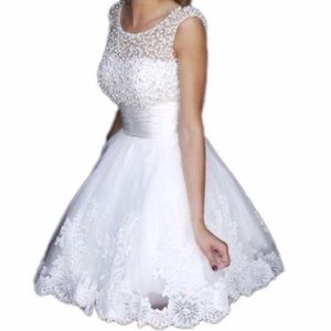 Women's white A line beaded short empire dress